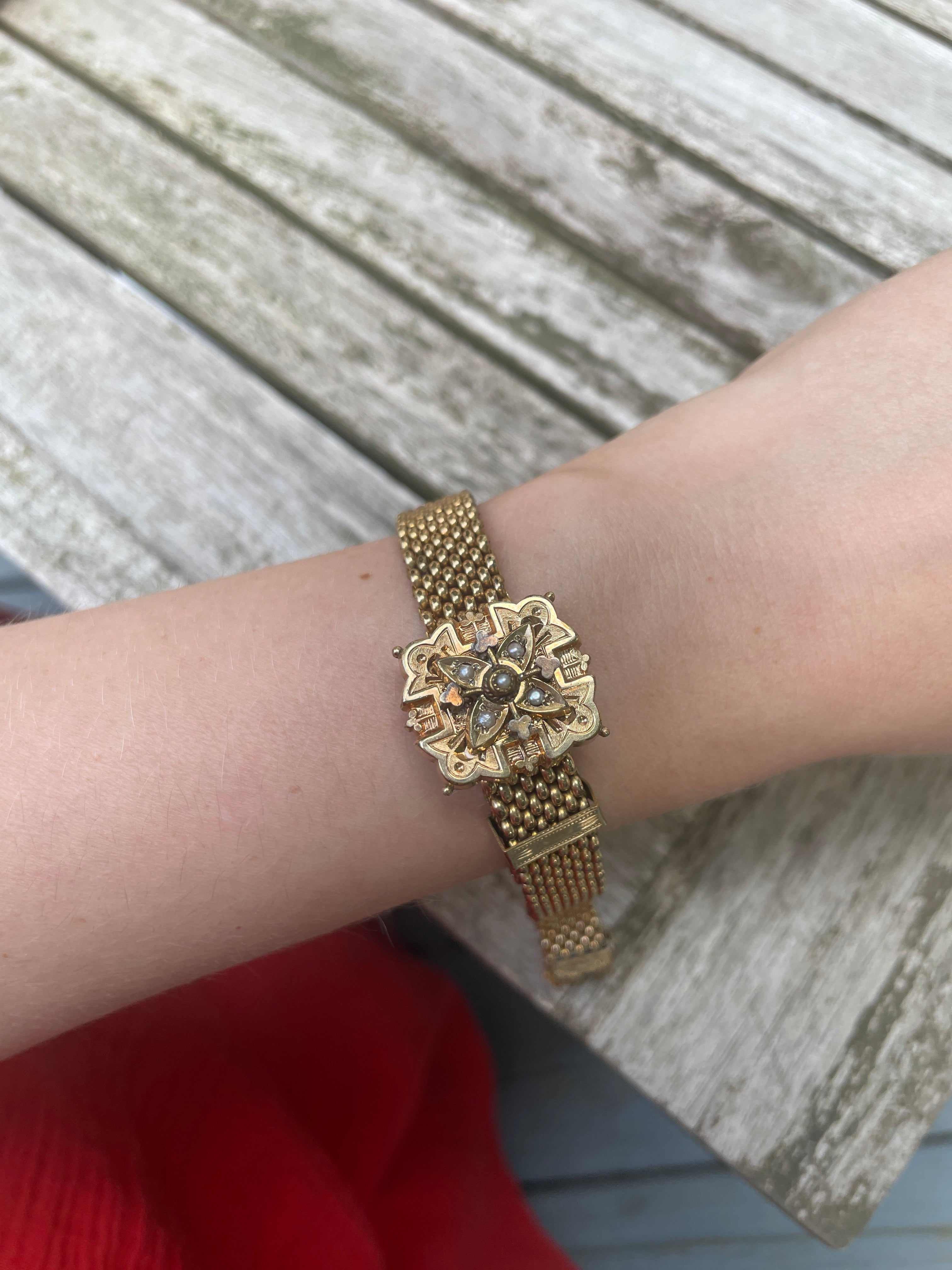 Victorian Seed Pearl & Mesh Slide Bracelet