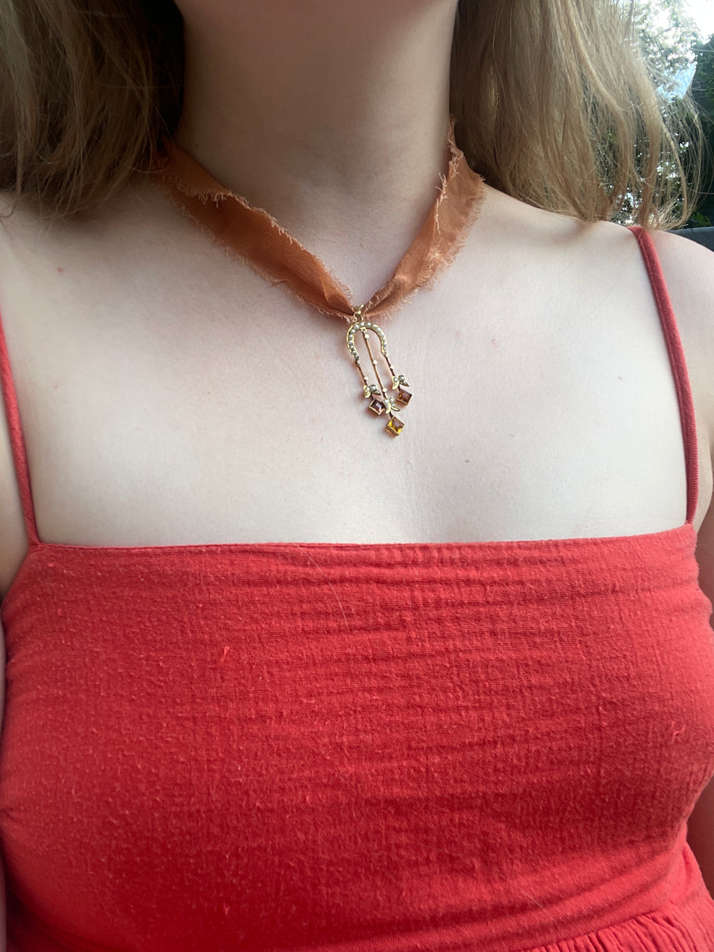 Signed Art Nouveau Citrine & Seed Pearl Lavalier Pendant