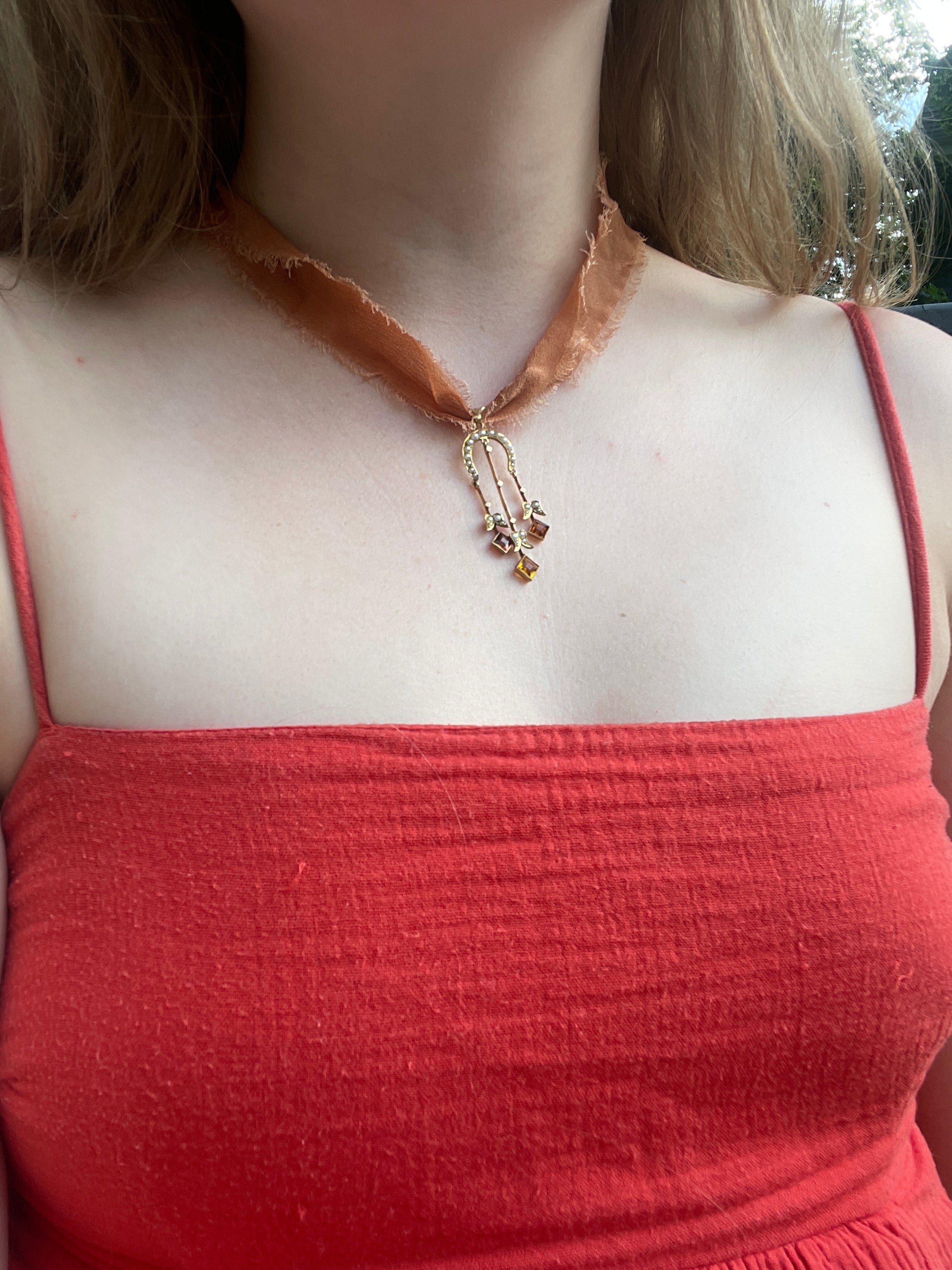 Signed Art Nouveau Citrine & Seed Pearl Lavalier Pendant