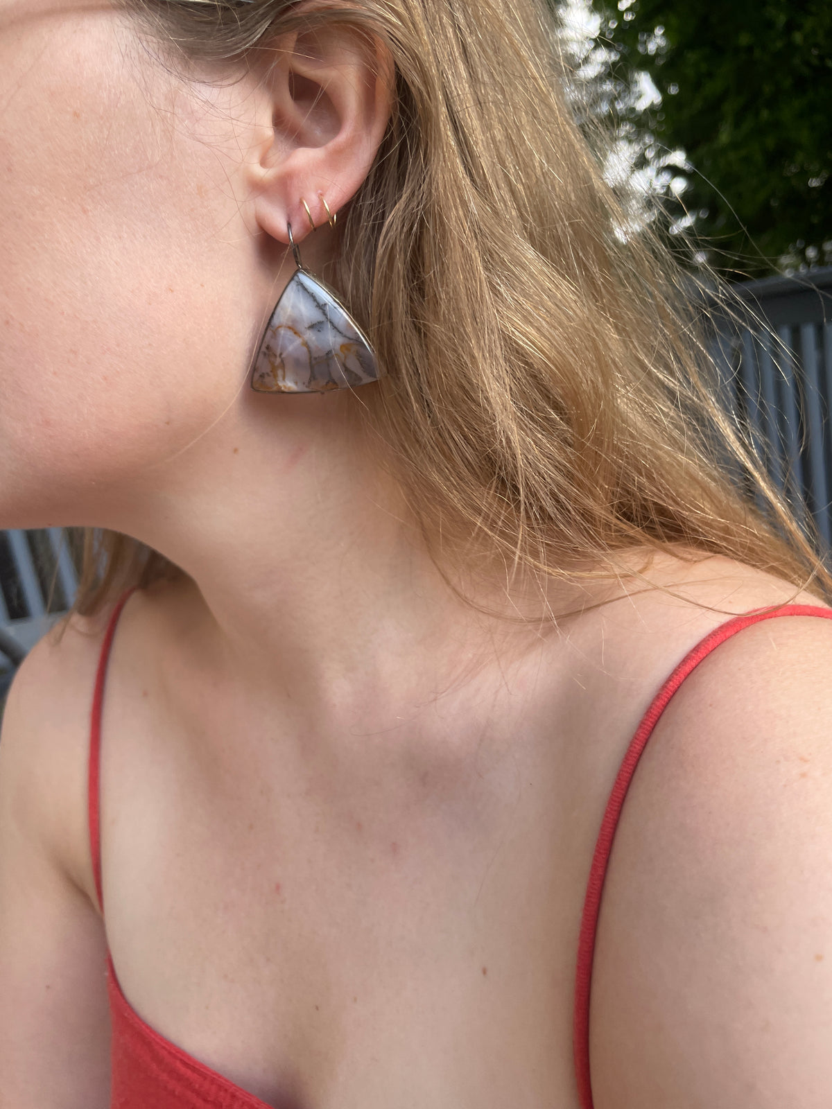 Vintage Trilateral Dendritic Agate Drop Earrings
