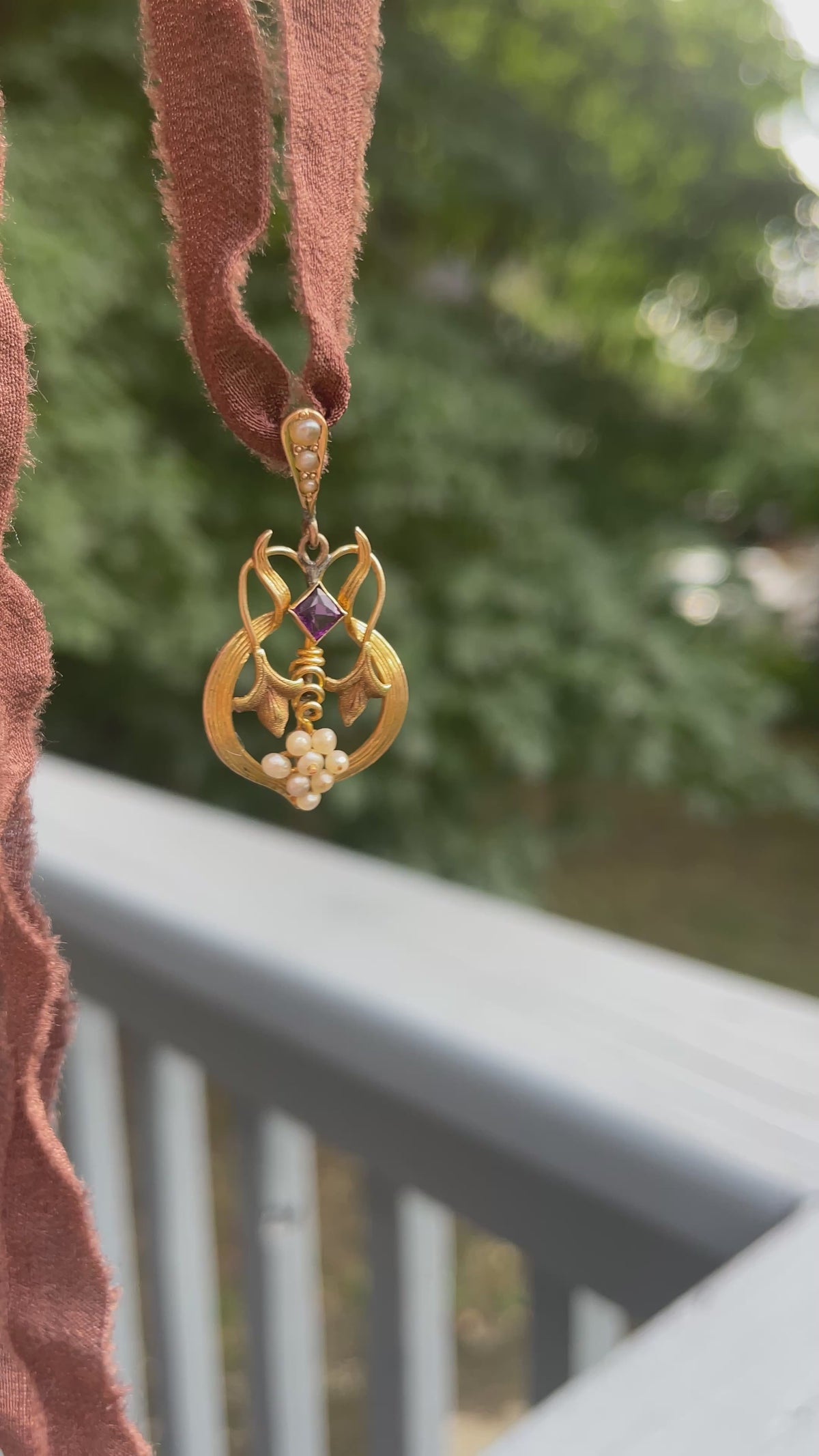 Art Nouveau Amethyst & Seed Pearl Lavalier Pendant