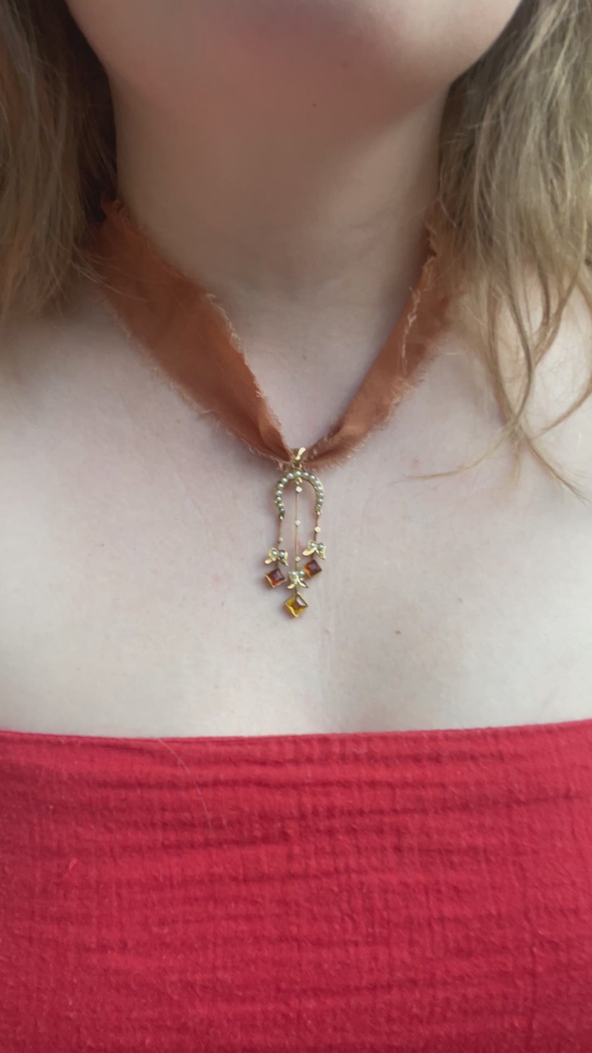 Signed Art Nouveau Citrine & Seed Pearl Lavalier Pendant