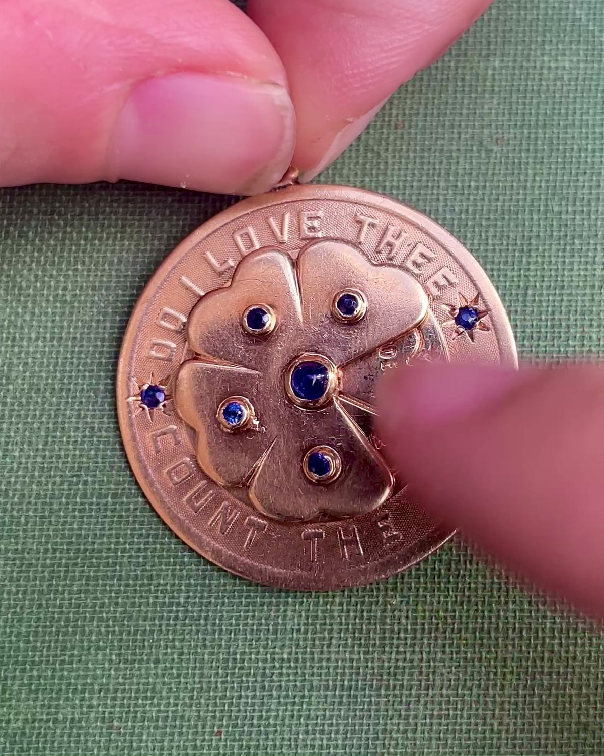 Mid-Century “Do I Love Thee?” Sapphire Spinner Pendant