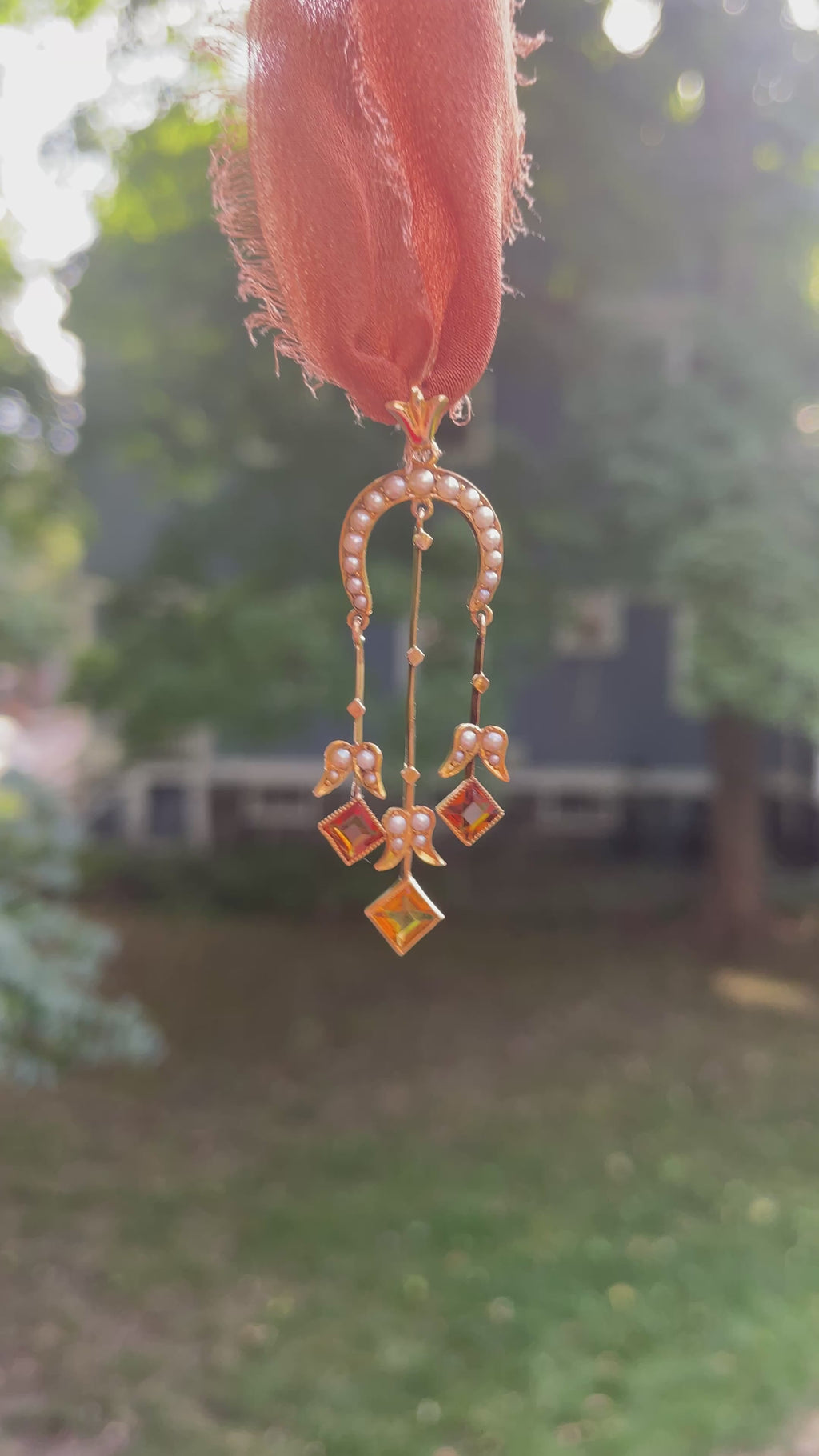 Signed Art Nouveau Citrine & Seed Pearl Lavalier Pendant