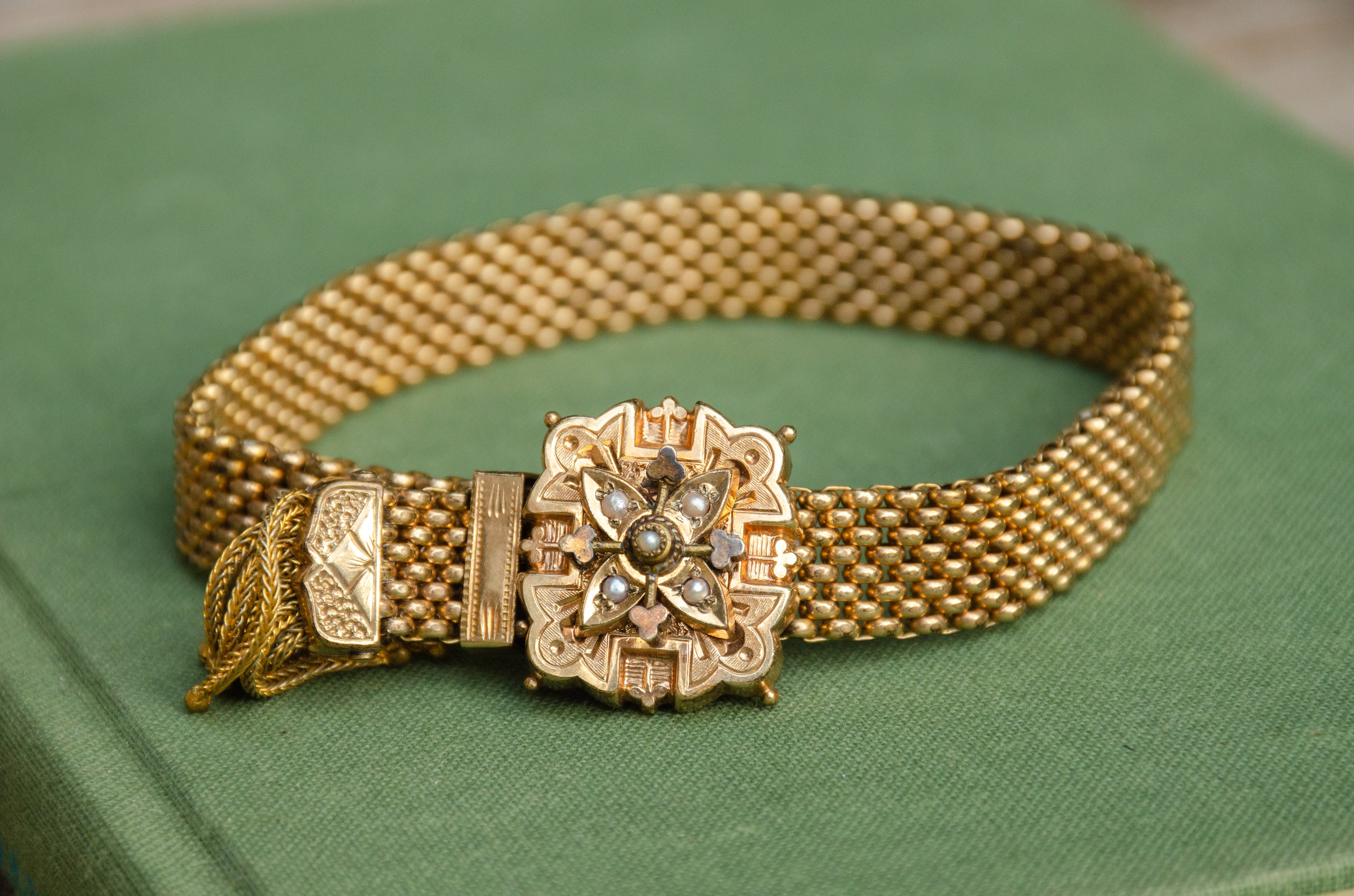 Victorian Seed Pearl & Mesh Slide Bracelet
