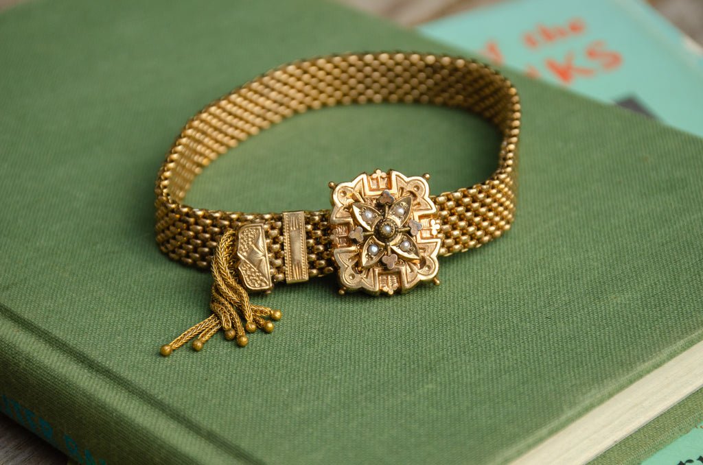 Victorian Seed Pearl & Mesh Slide Bracelet
