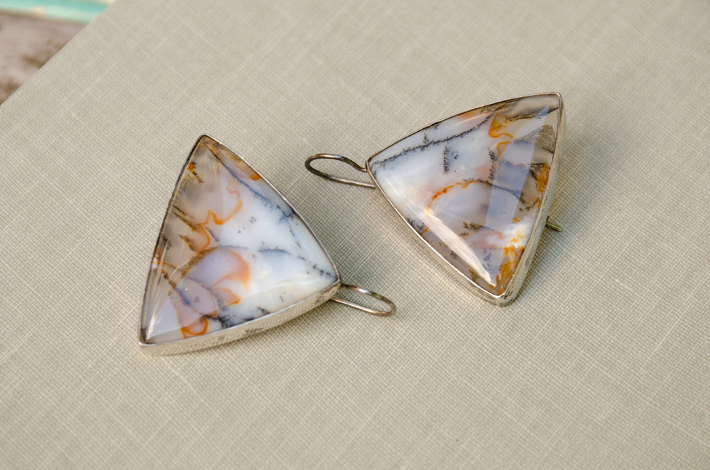 Vintage Trilateral Dendritic Agate Drop Earrings