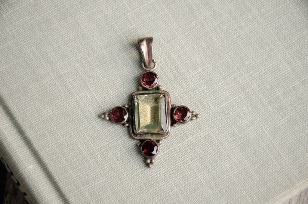Vintage Citrine and Garnet Gothic Cross Pendant