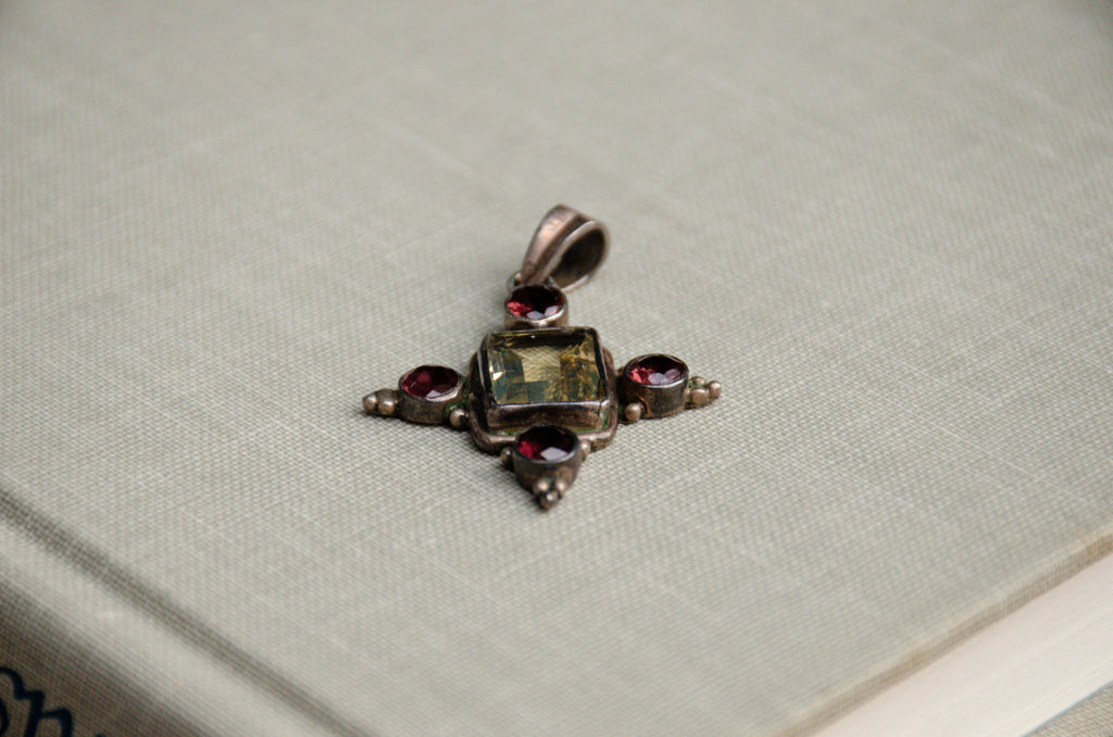 Vintage Citrine and Garnet Gothic Cross Pendant