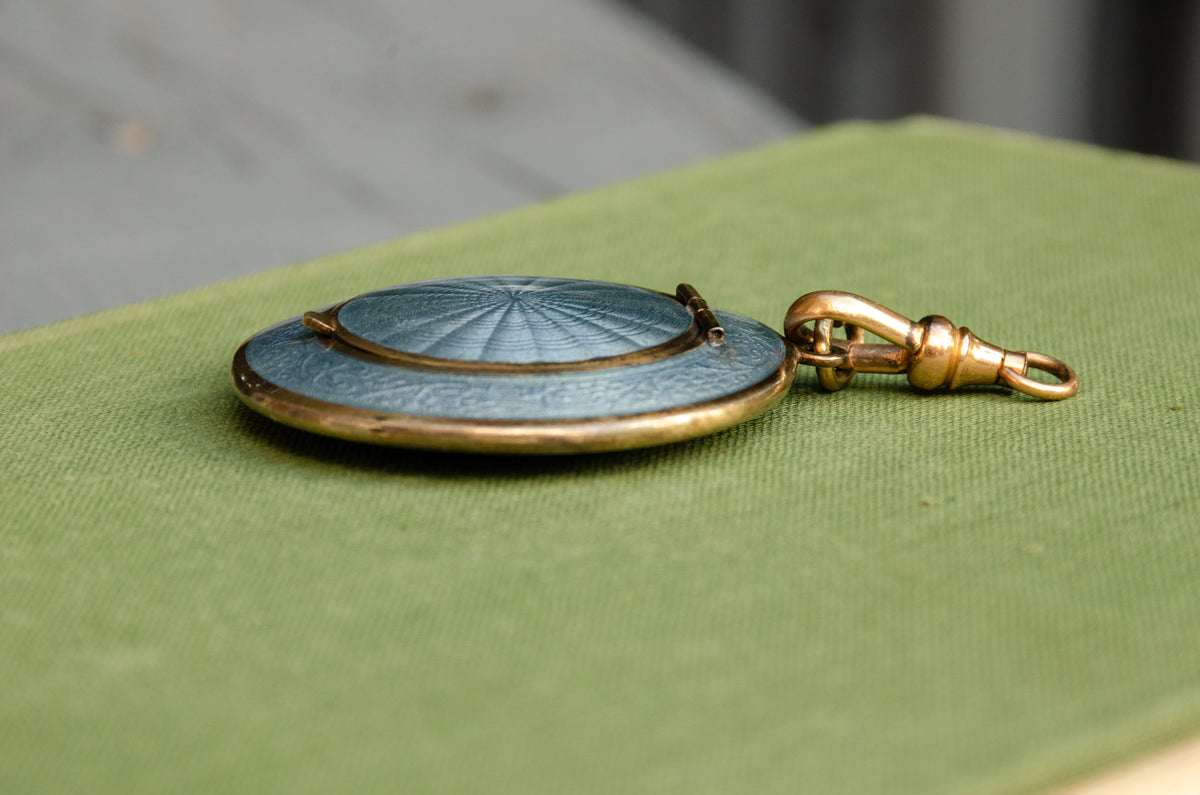 Art Deco Blue Guilloche Enamel Compact Pendant