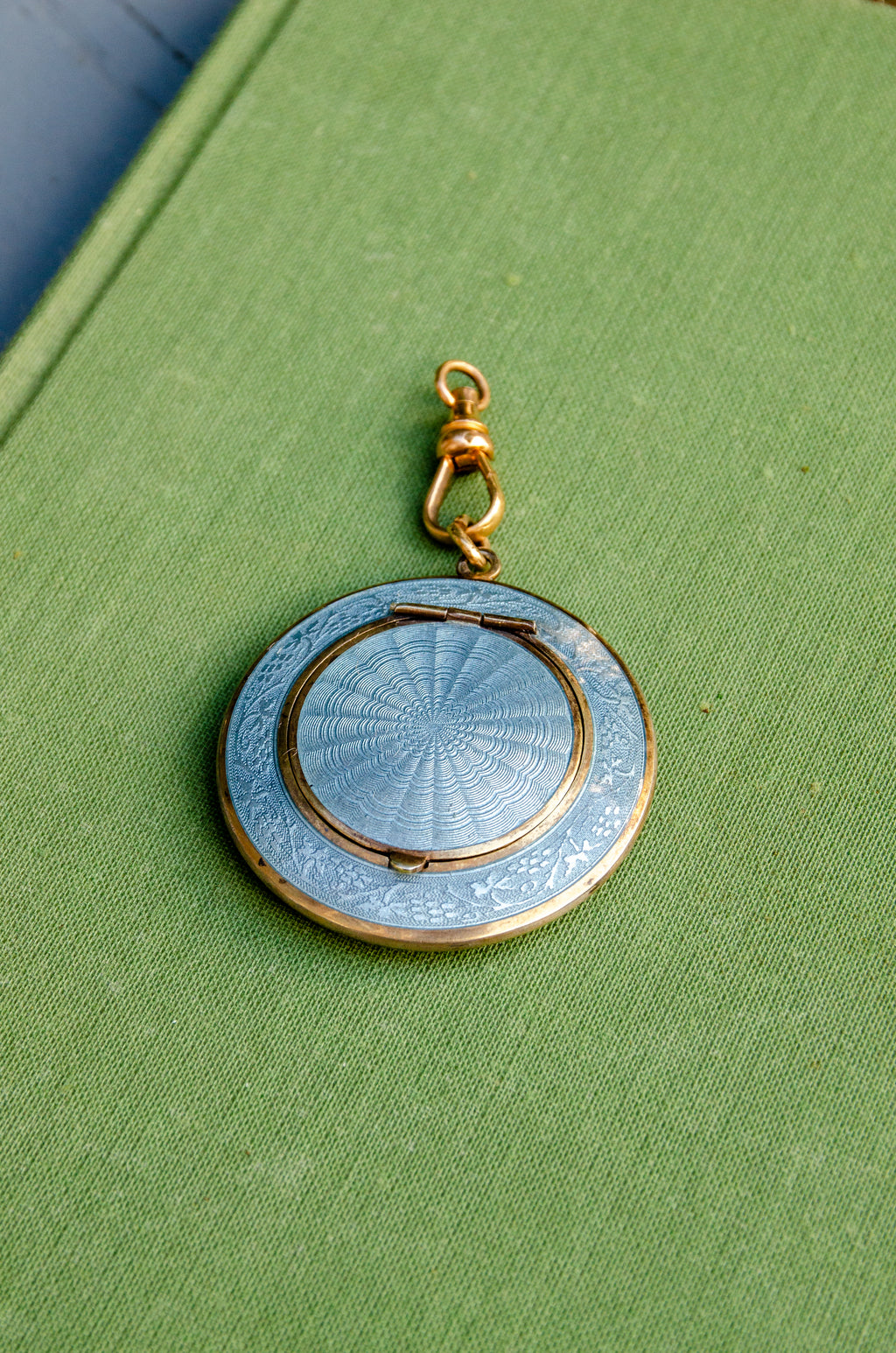 Art Deco Blue Guilloche Enamel Compact Pendant